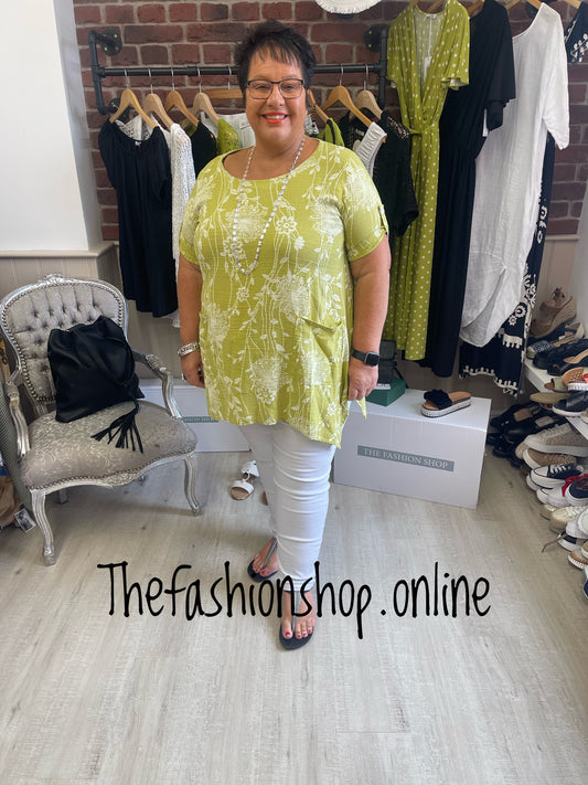 Lime linen mix floral twin point top