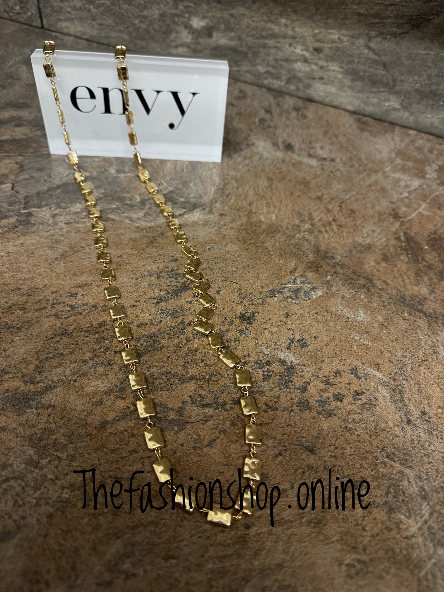 Envy long gold necklace with hammered squares