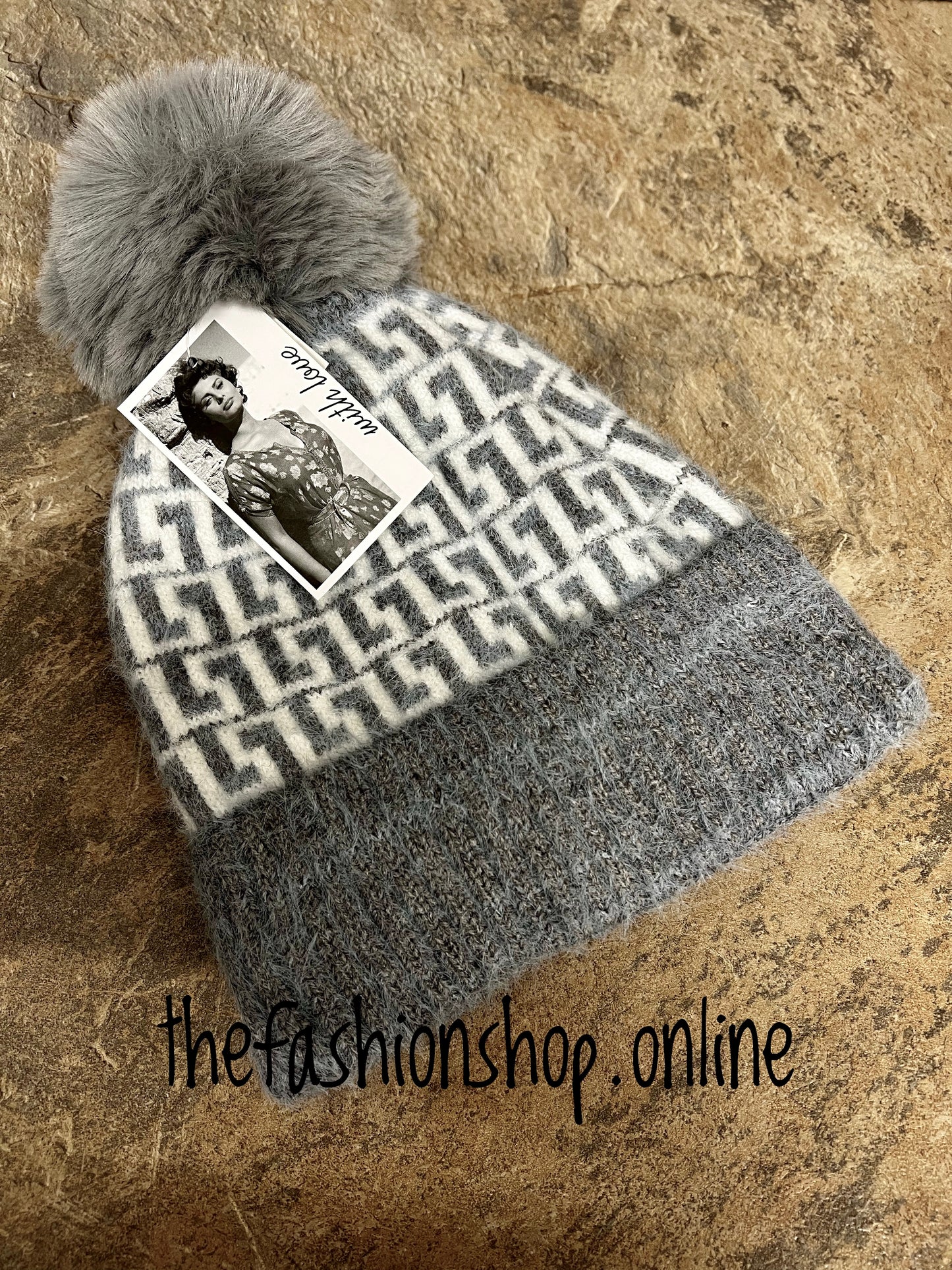 Grey and white design pompom hat