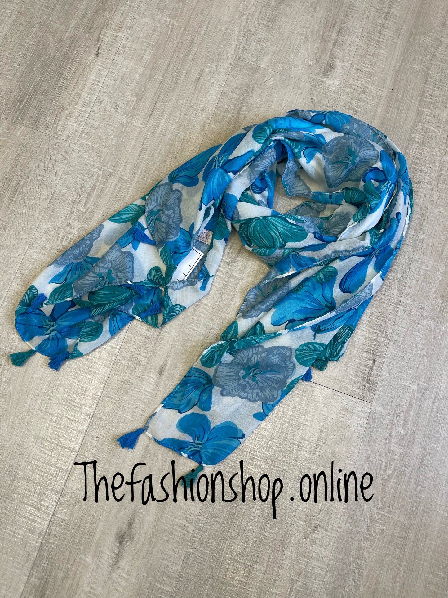 Blue and green floral tassel scarf