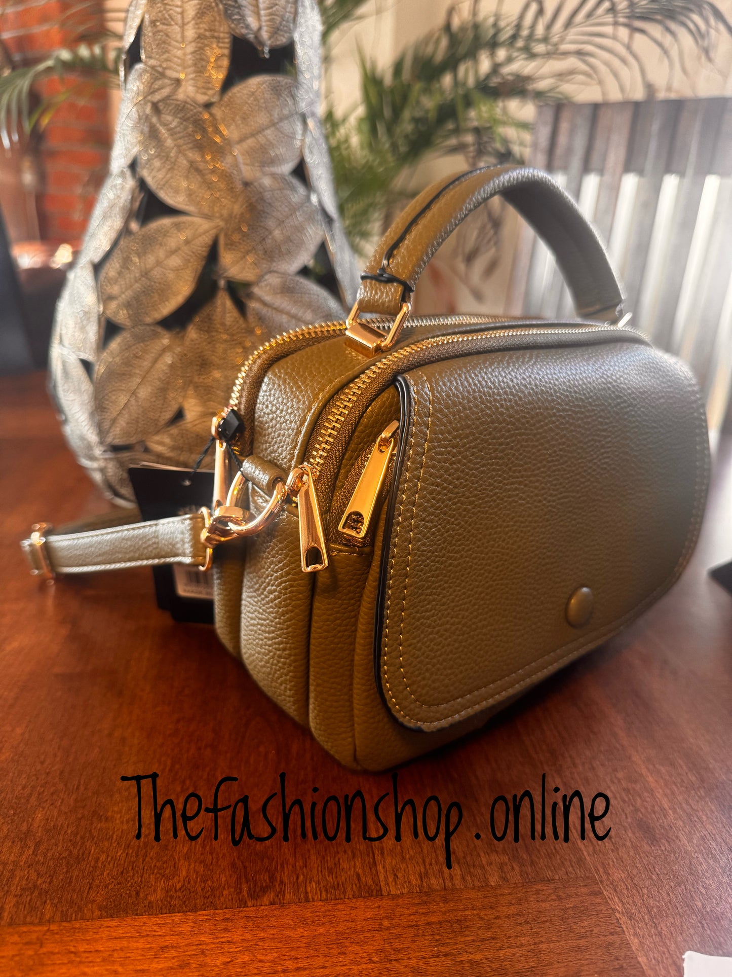 Trinny Triple Zip Shoulder Bag in Khaki Green