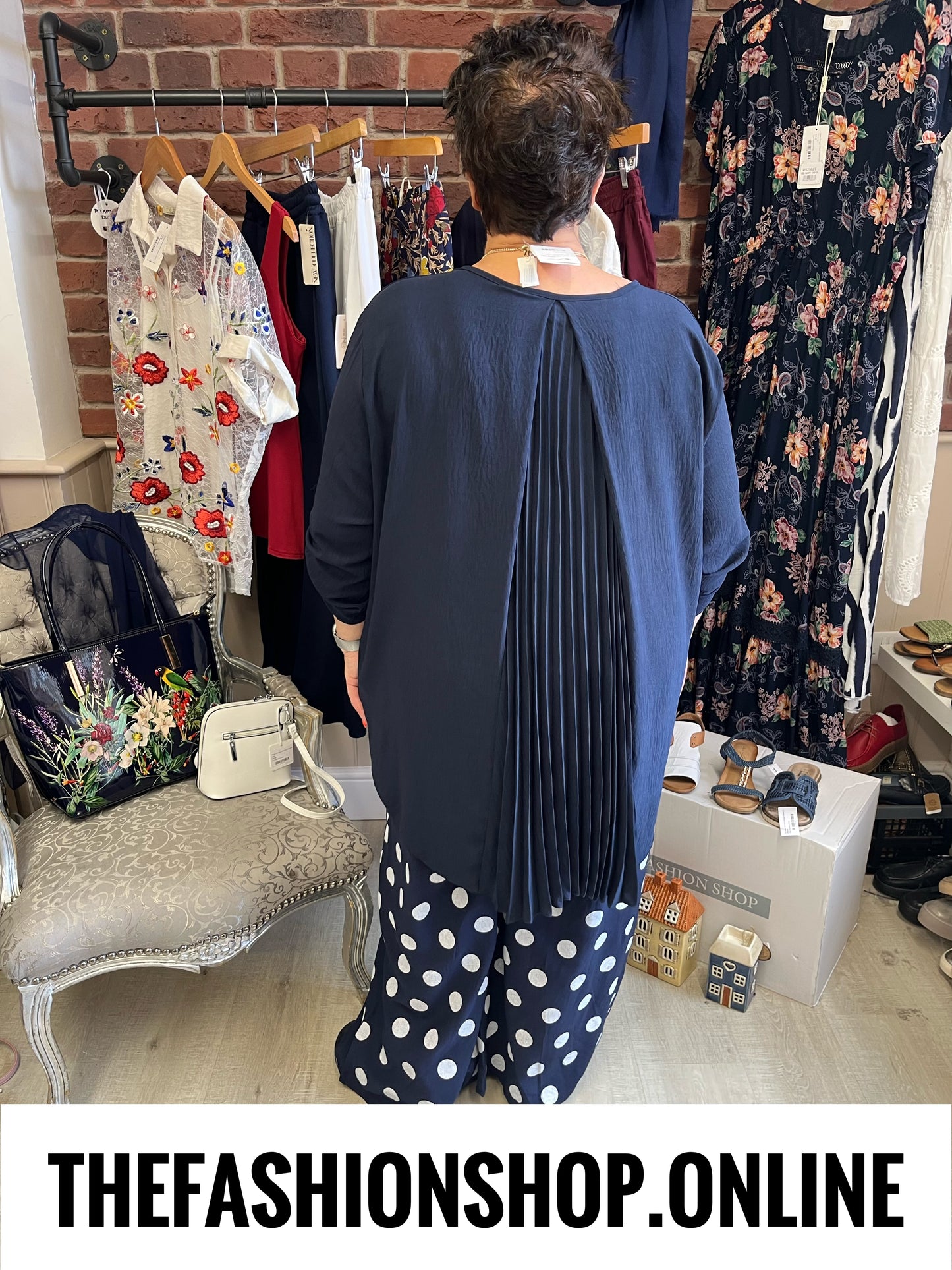 Charlie navy spot wide leg trousers 14-24