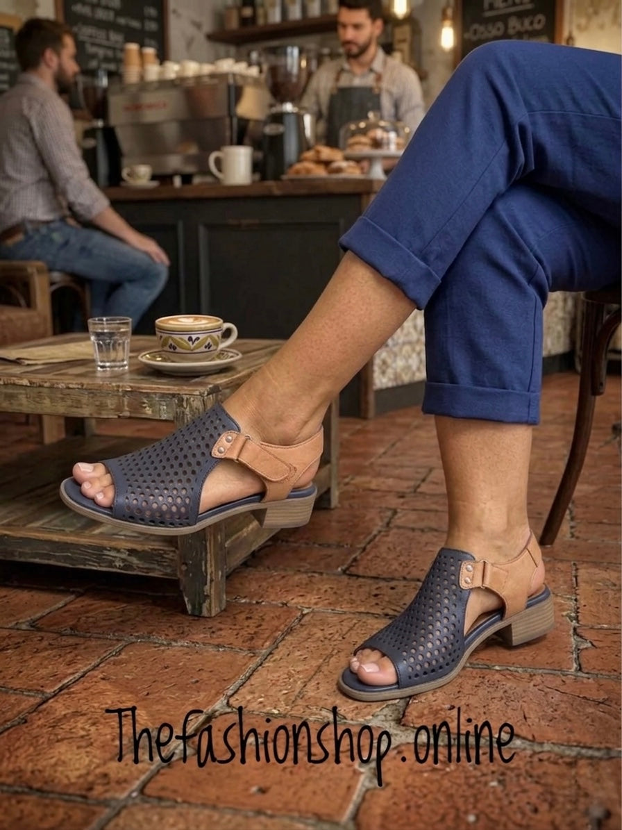 Modella Beatrice navy and tan leather honeycomb sandals sizes 4-8 (37-41)