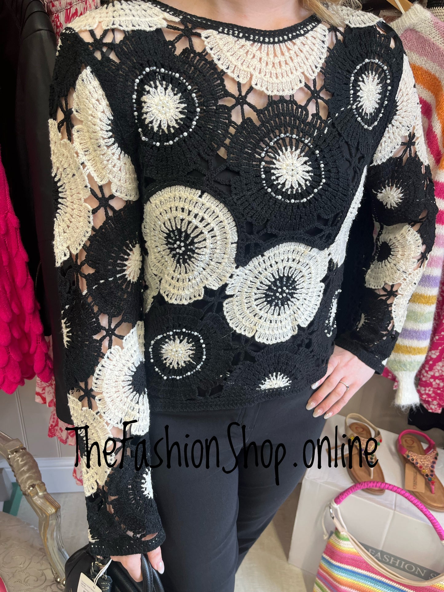 Lola black and cream embellished crochet top 8-14