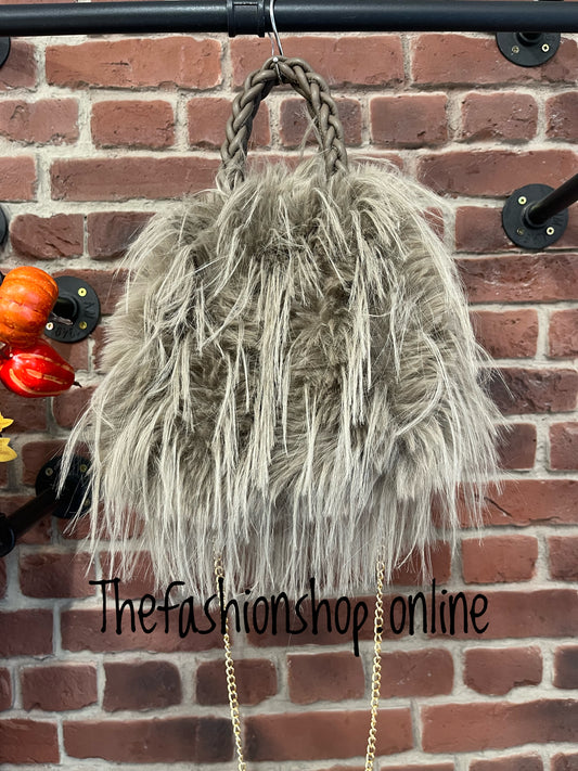 Taupe faux fur shaggy tote bag