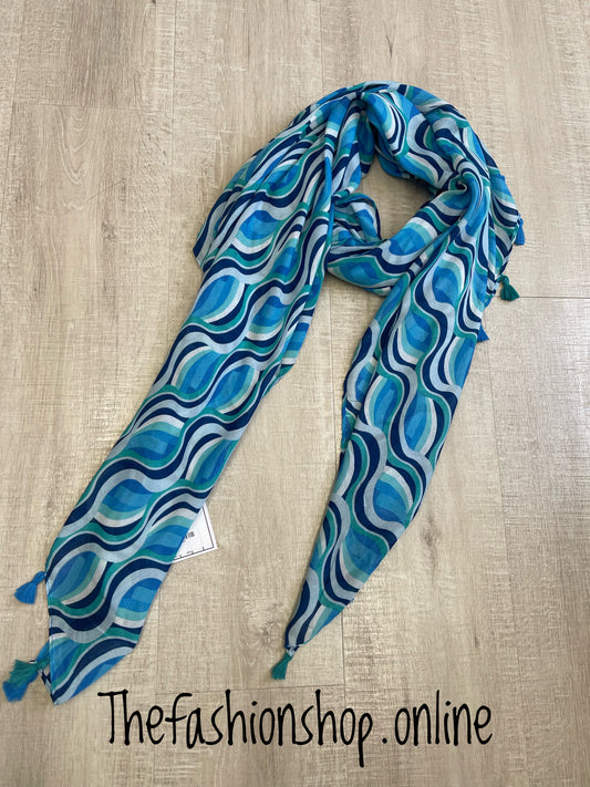 Blue and green retro swirl scarf