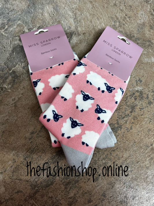 Miss Sparrow Dusky Pink Happy Sheep Bamboo socks 3-7