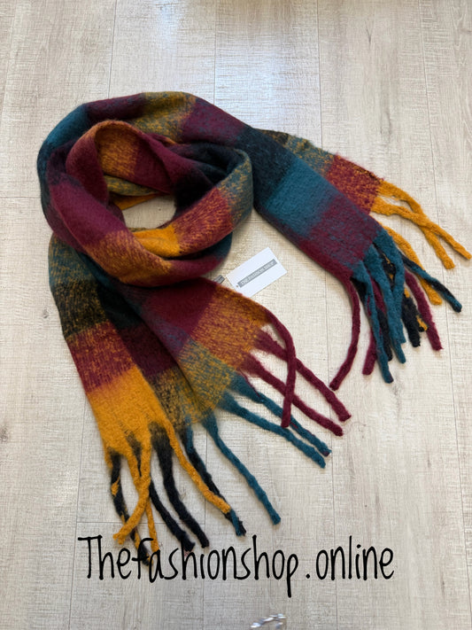 Premium Tartan Scarf in wine, teal, mustard and black.