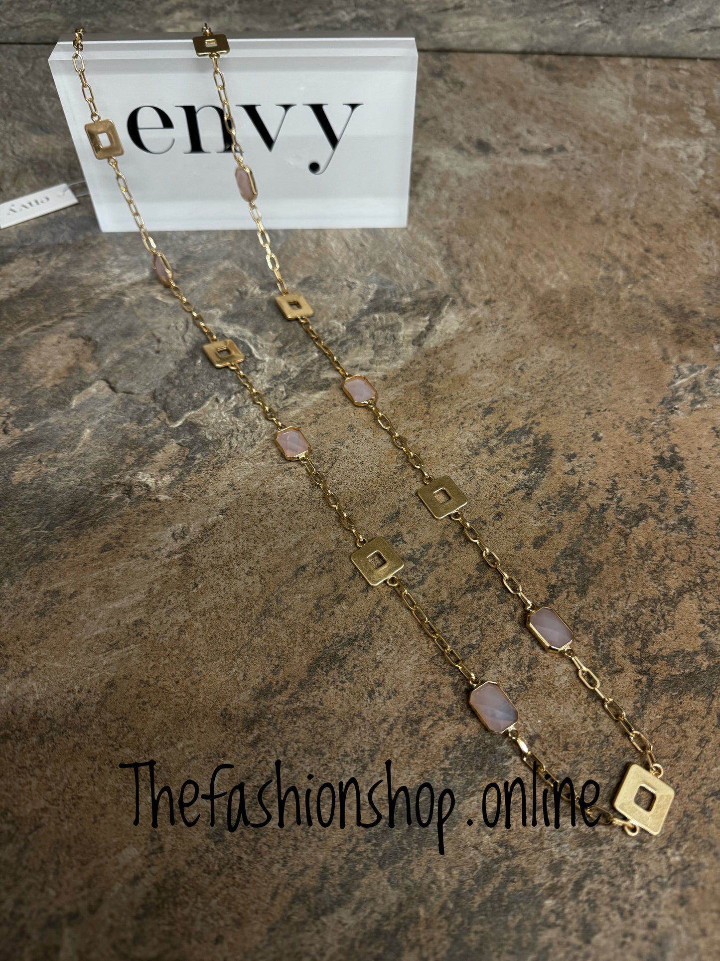 Envy gold squares with pink stones necklace