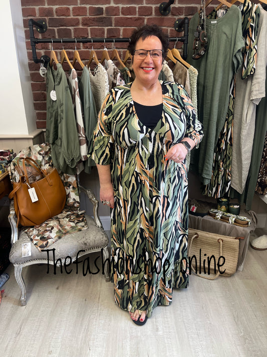 Nora khaki abstract print midi dress sizes 10-12, 14-16 and 18