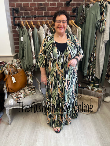 Nora khaki abstract print midi dress sizes 10-12, 14-16 and 18