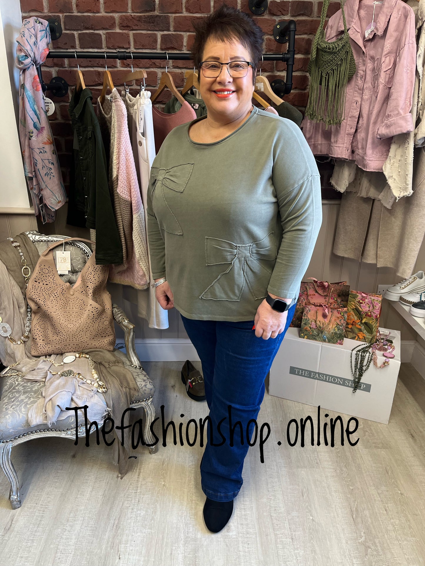 Imogen khaki bow sweatshirt sizes 10-14 and 16-20