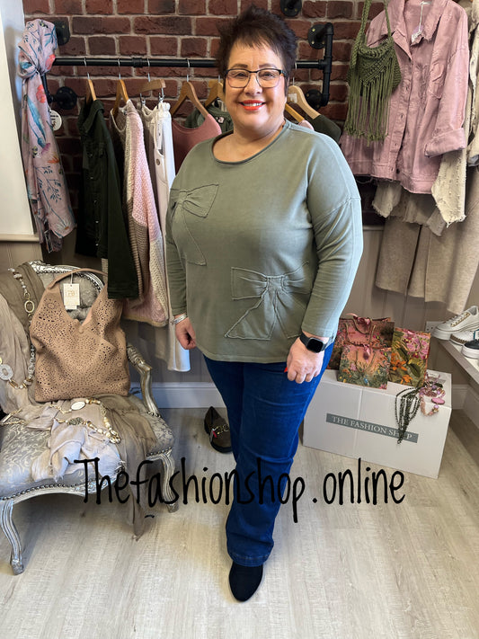 Imogen khaki bow sweatshirt sizes 10-14 and 16-20