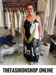 Fly Out Scenic Palm Tree Strappy Linen Mix Dress in Black 12-18