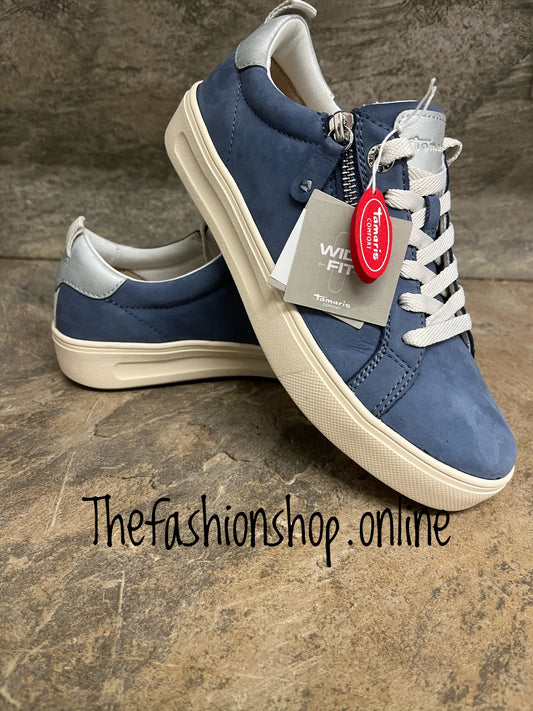 Tamaris denim blue nubuck leather wide fit trainers sizes 4-8 (37-41)