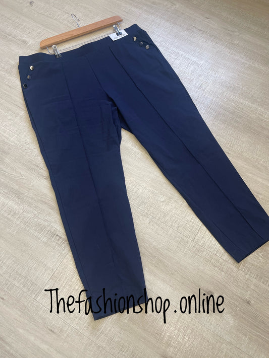 Navy stretchy sized trousers with button detail sizes 10-22
