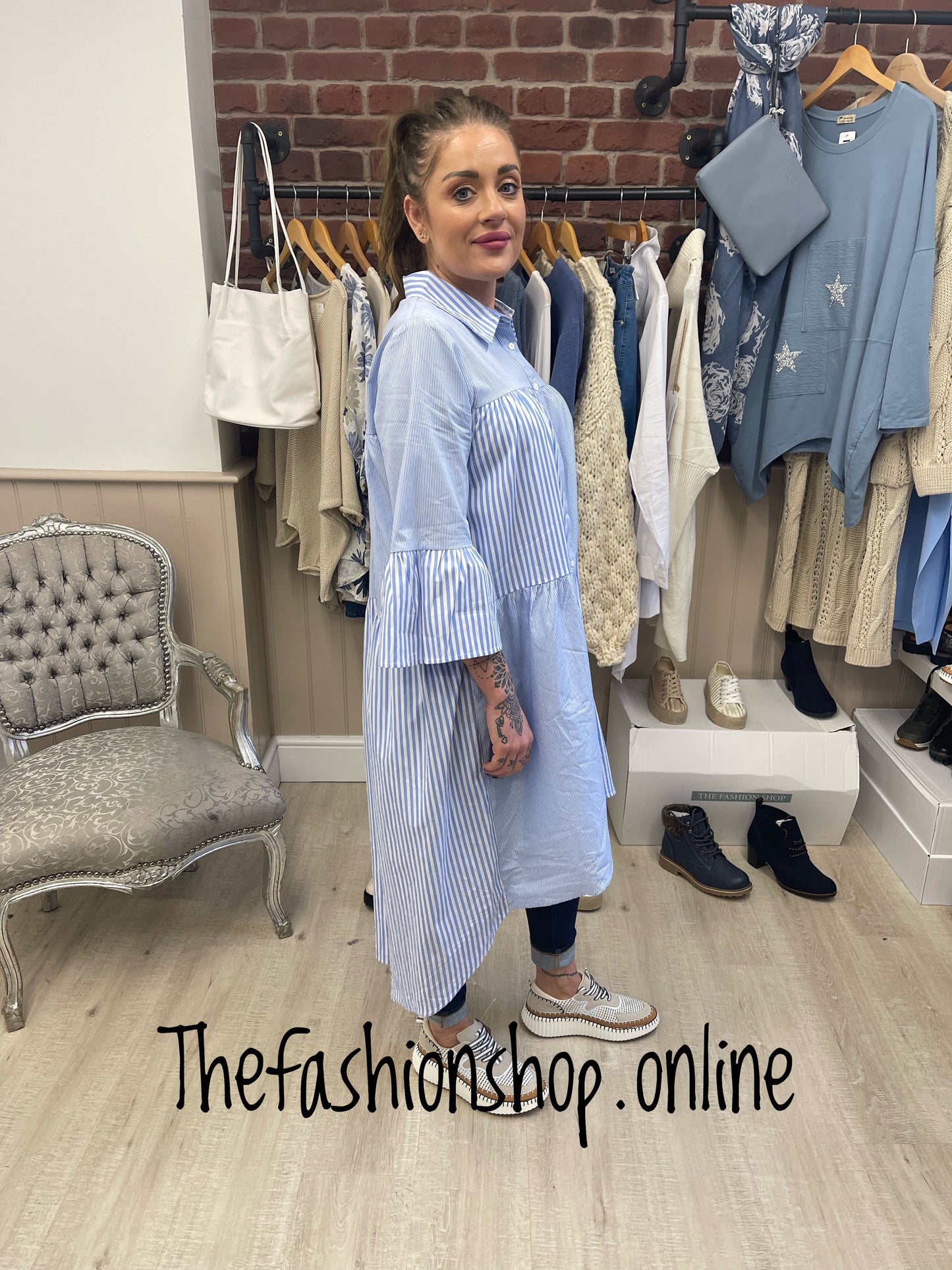 Blue and white striped high low shirt dress 8-14
