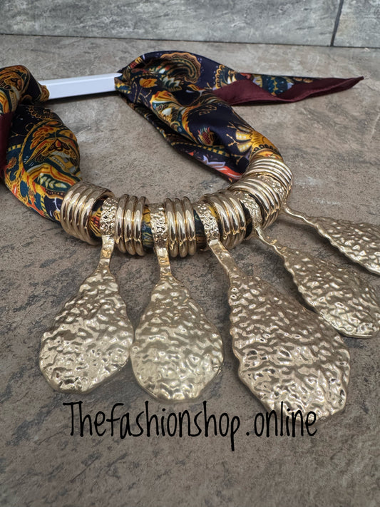 Martha Scarf Necklace with Gold Wine and Navy