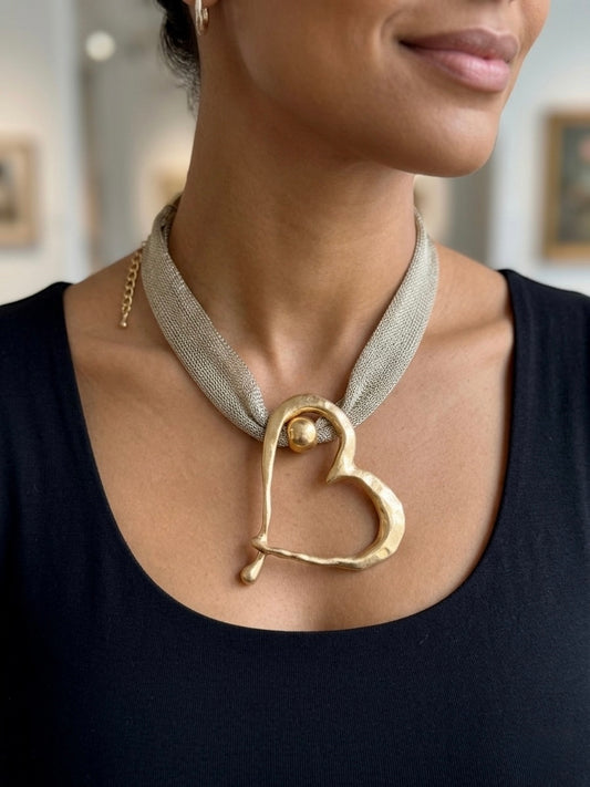 Open Heart Antique Gold Metallic Statement Necklace
