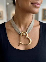Open Heart Antique Gold Metallic Statement Necklace