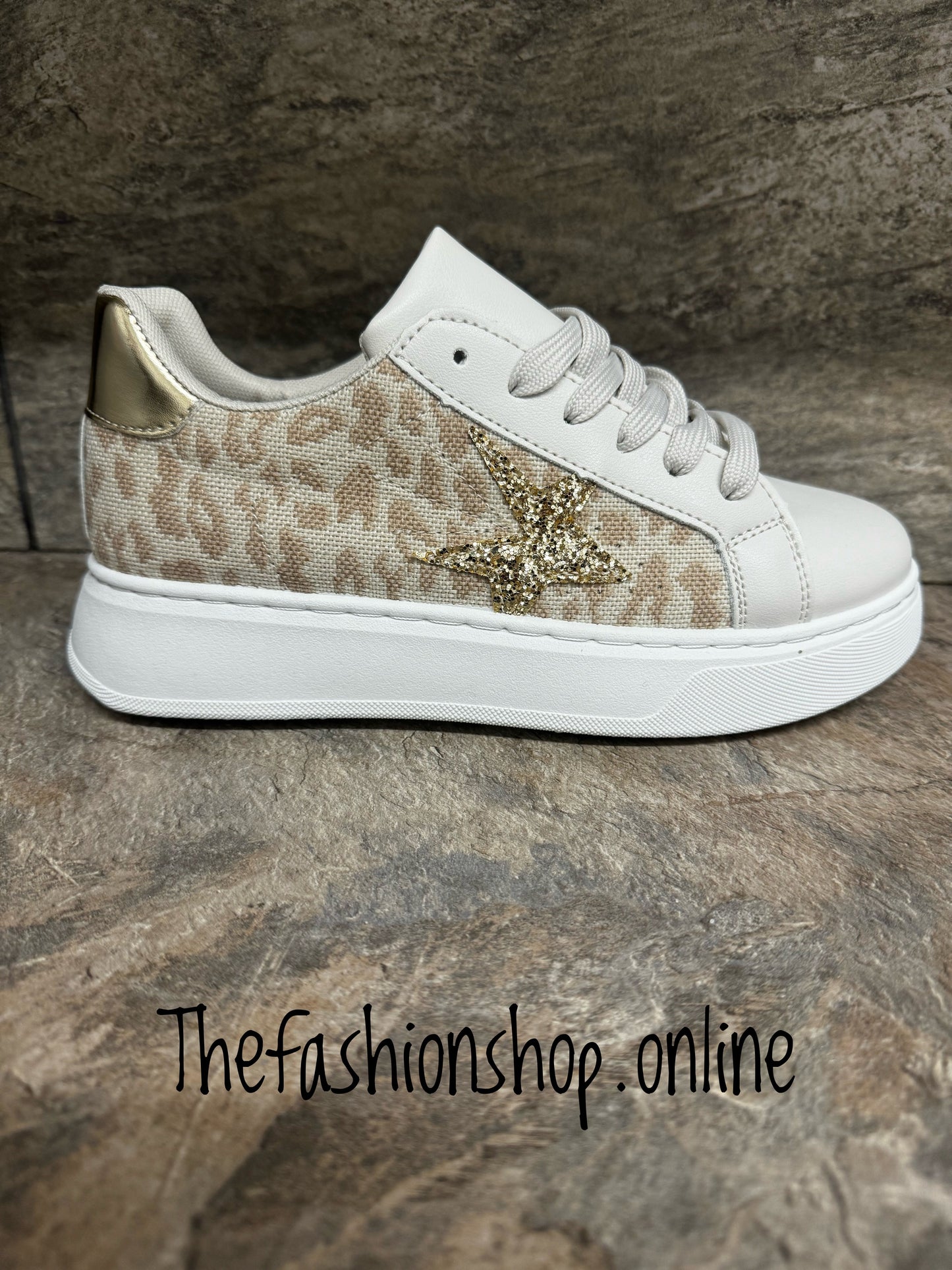 Beige leopard and glitter star platform trainers sizes 3-8