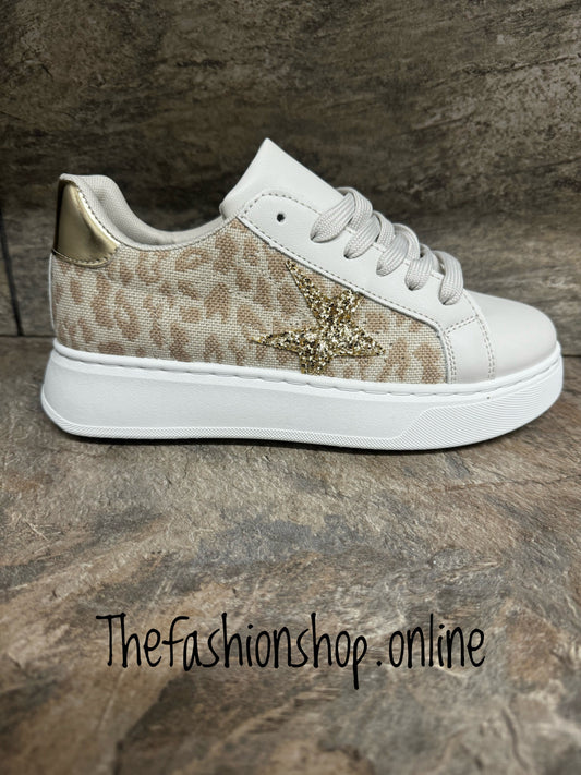 Beige leopard and glitter star platform trainers sizes 3-8