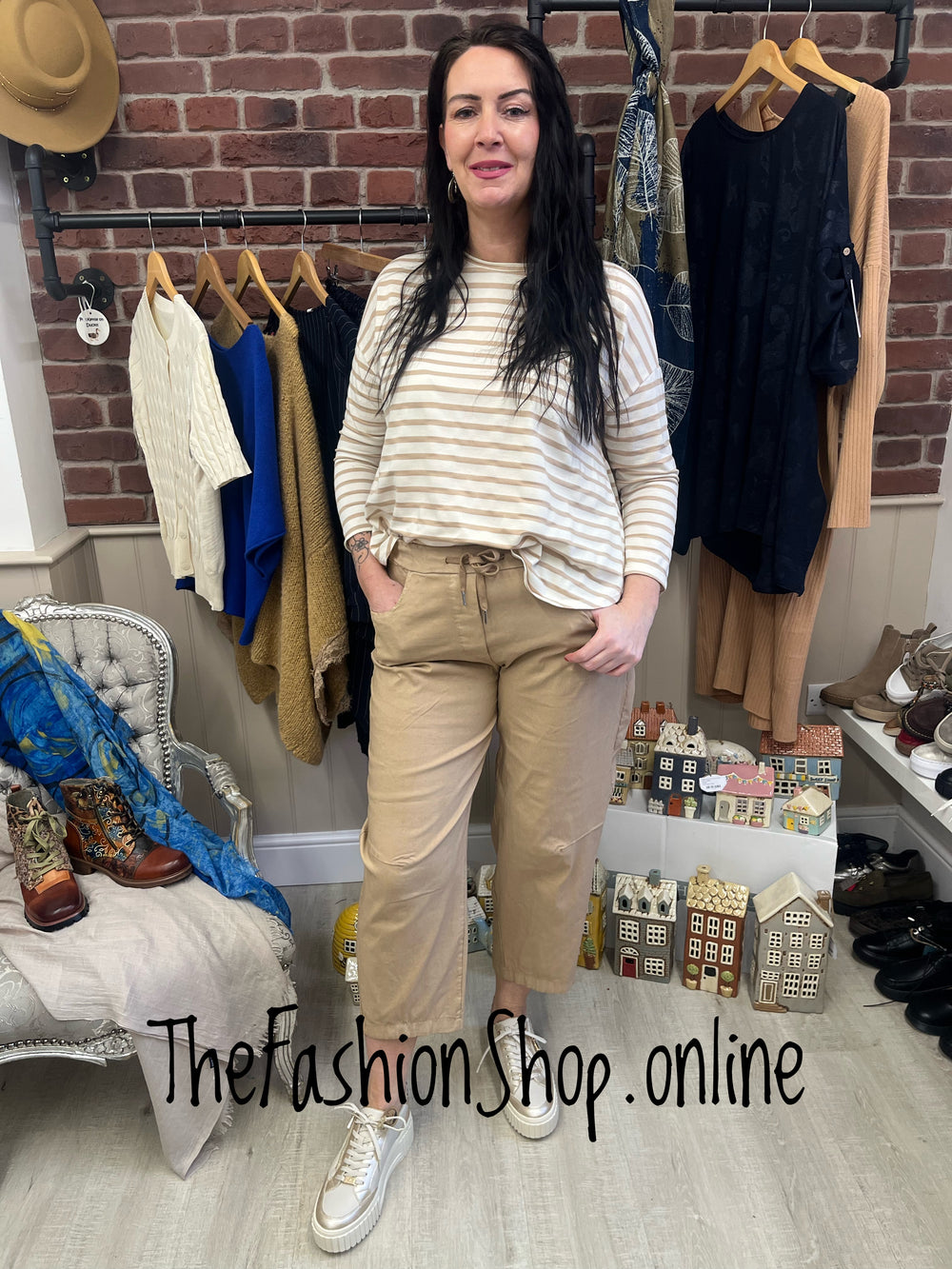 Yvette camel and beige striped top 10-16
