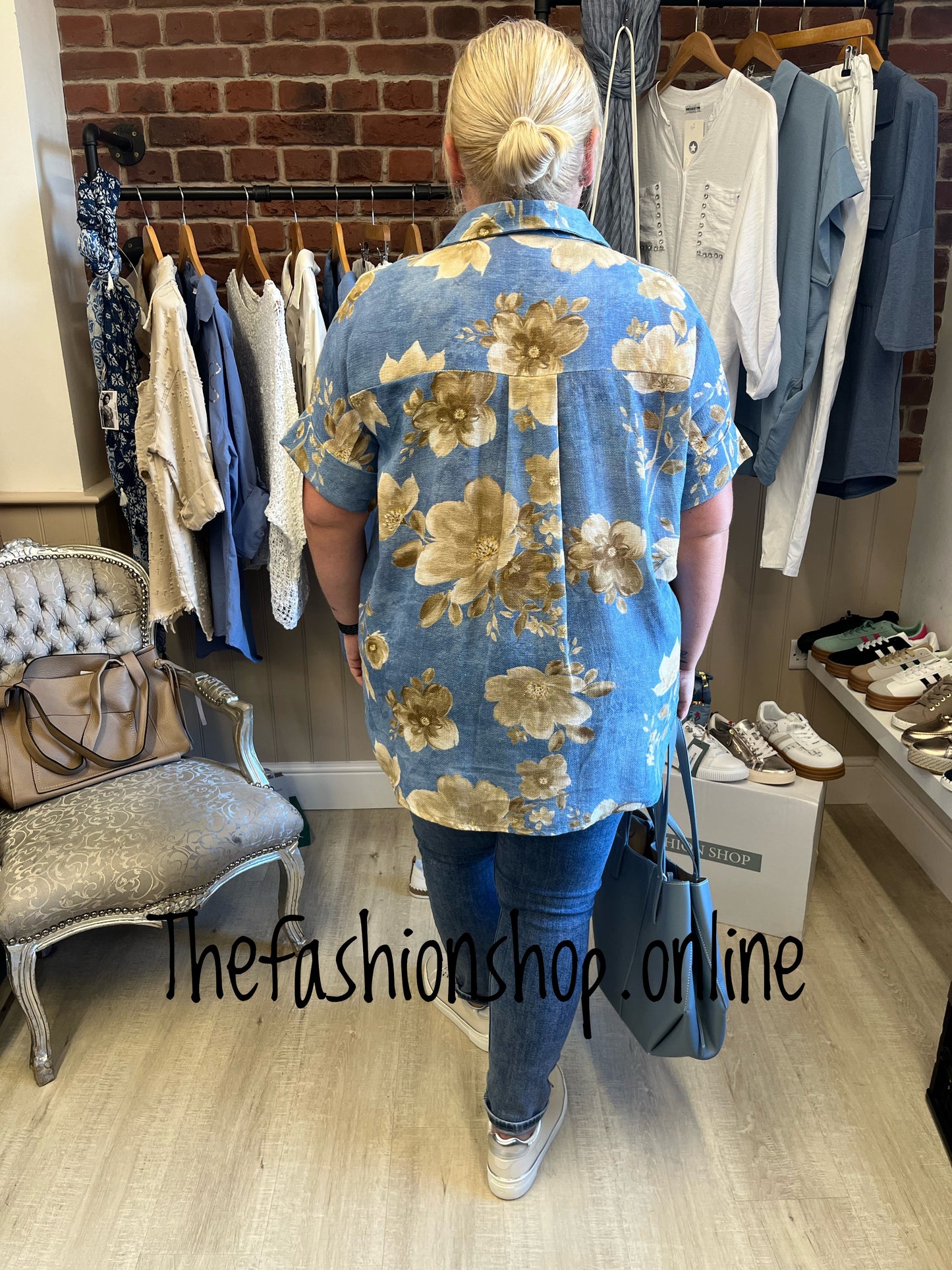 Hallie blue linen mix floral shirt 12-18