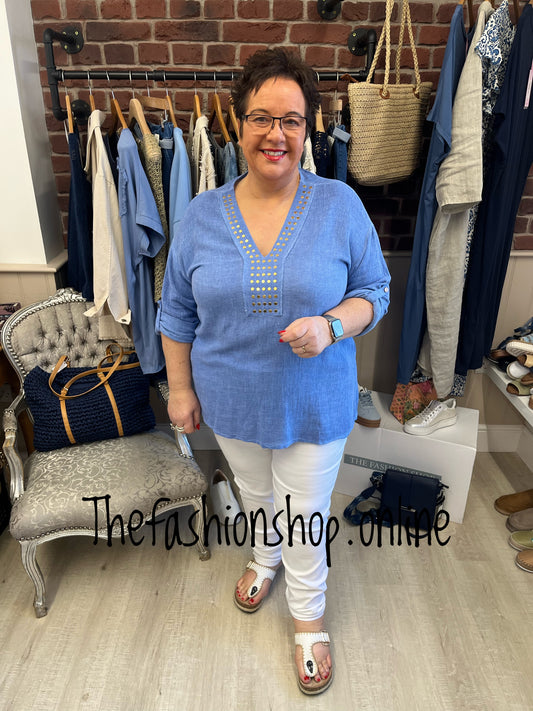 Zoe denim blue linen mix studded top 12-20