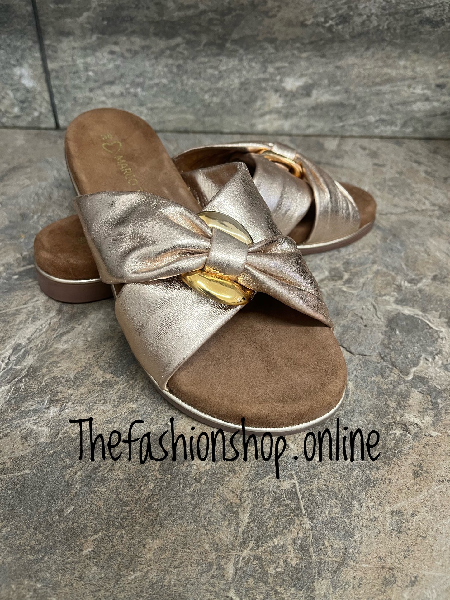 Marco Tozzi gold leather criss cross mules sizes 4-8 (37-42)