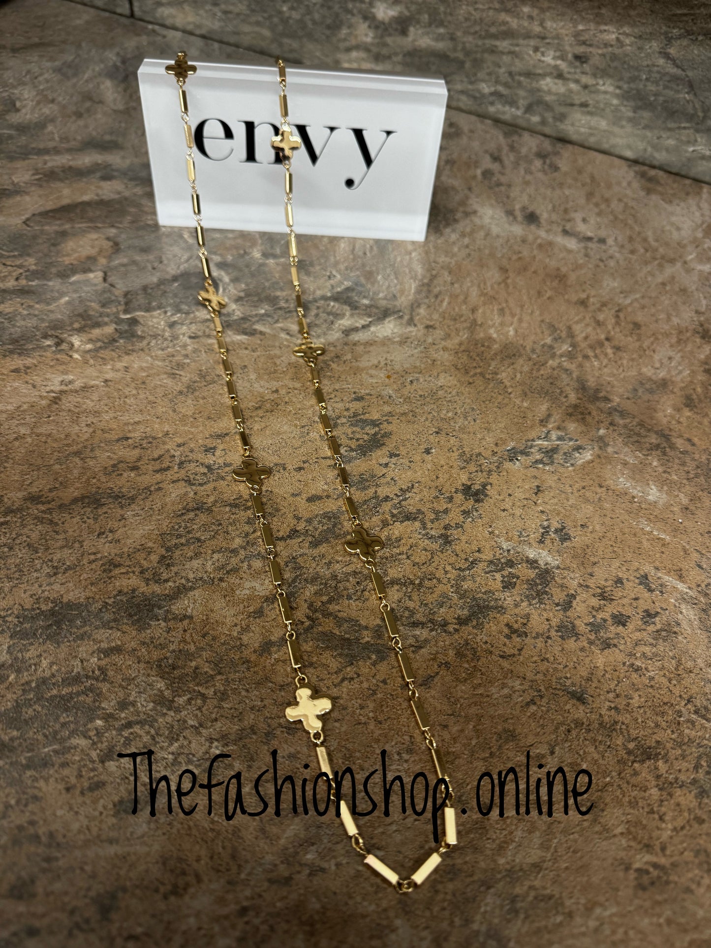 Envy long gold clover and bar necklace