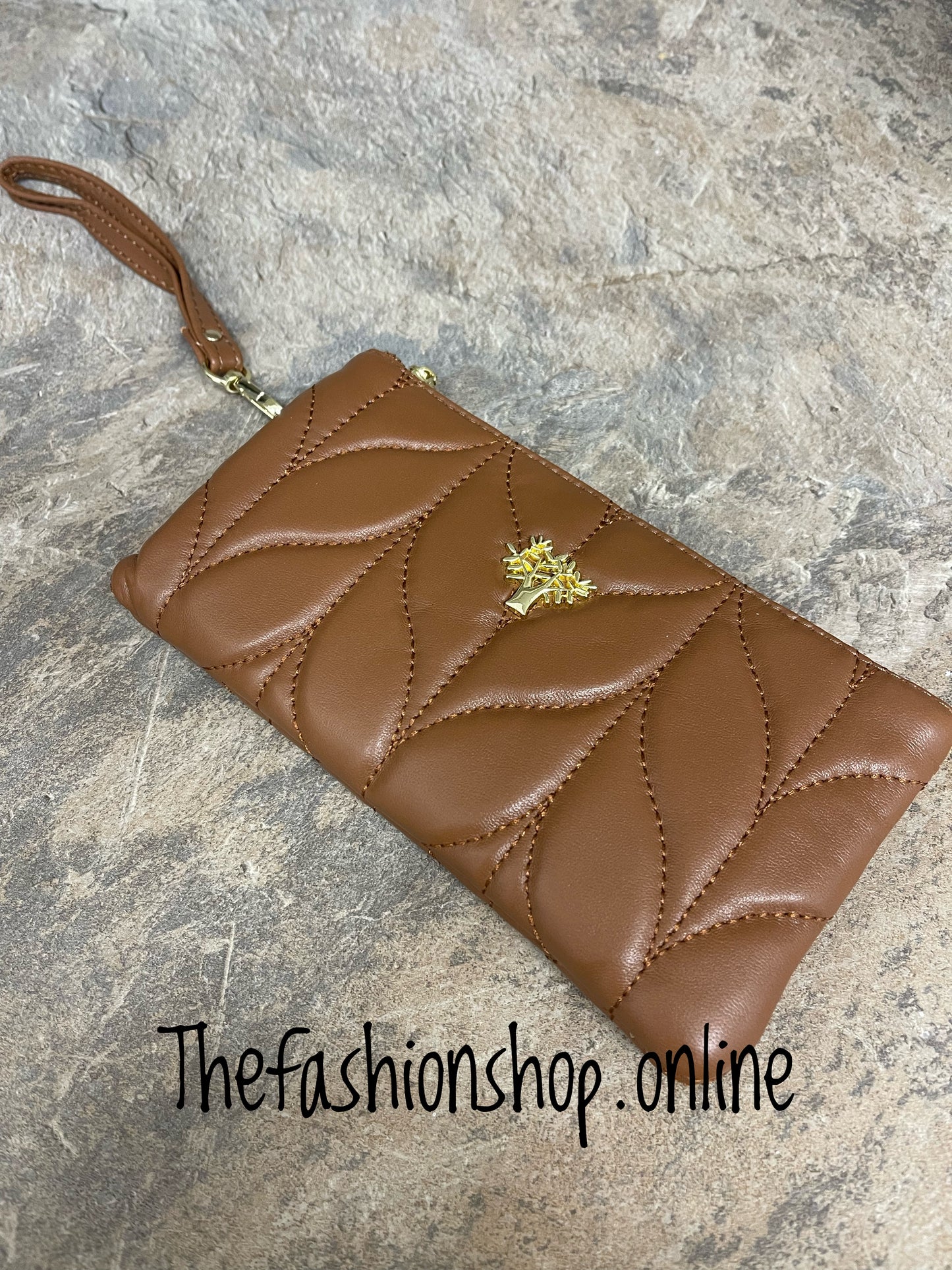 Tan leather quilted wristlet