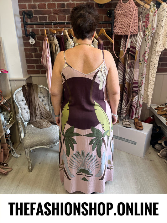 Fly Out Scenic Palm Tree Strappy Linen Mix Dress in Pink 12-18
