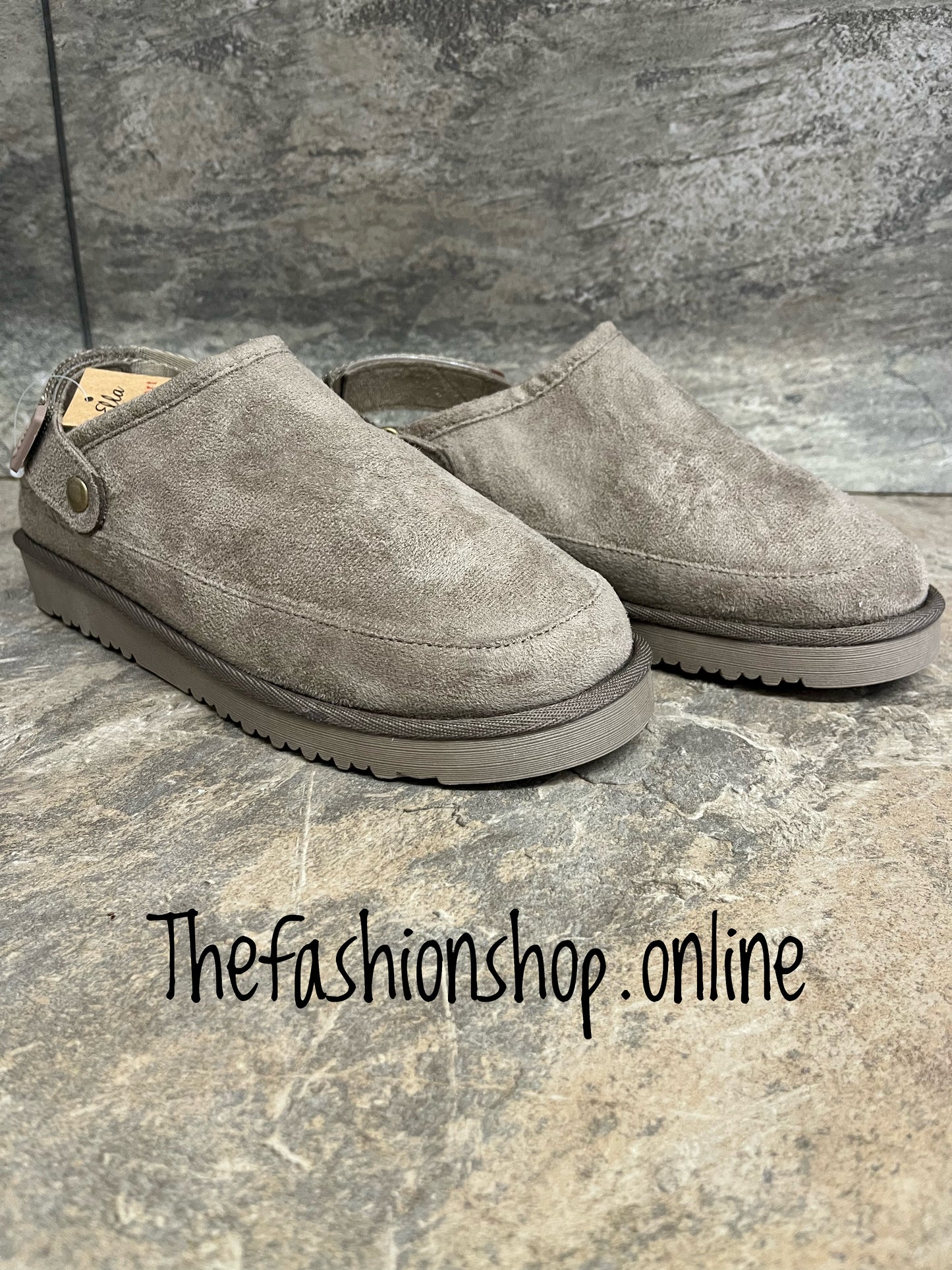 Ella Evie taupe ankle strap clog mules sizes 4-8