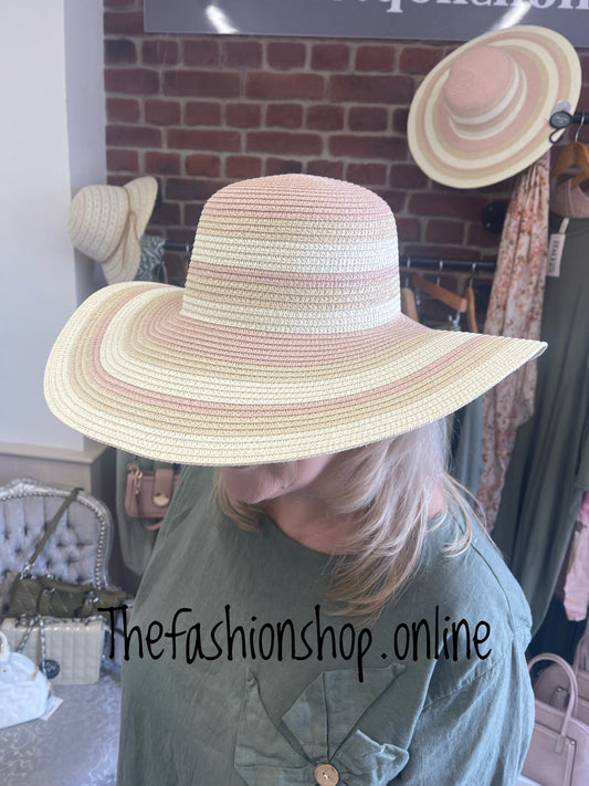 Pink stripe wide brim summer hat