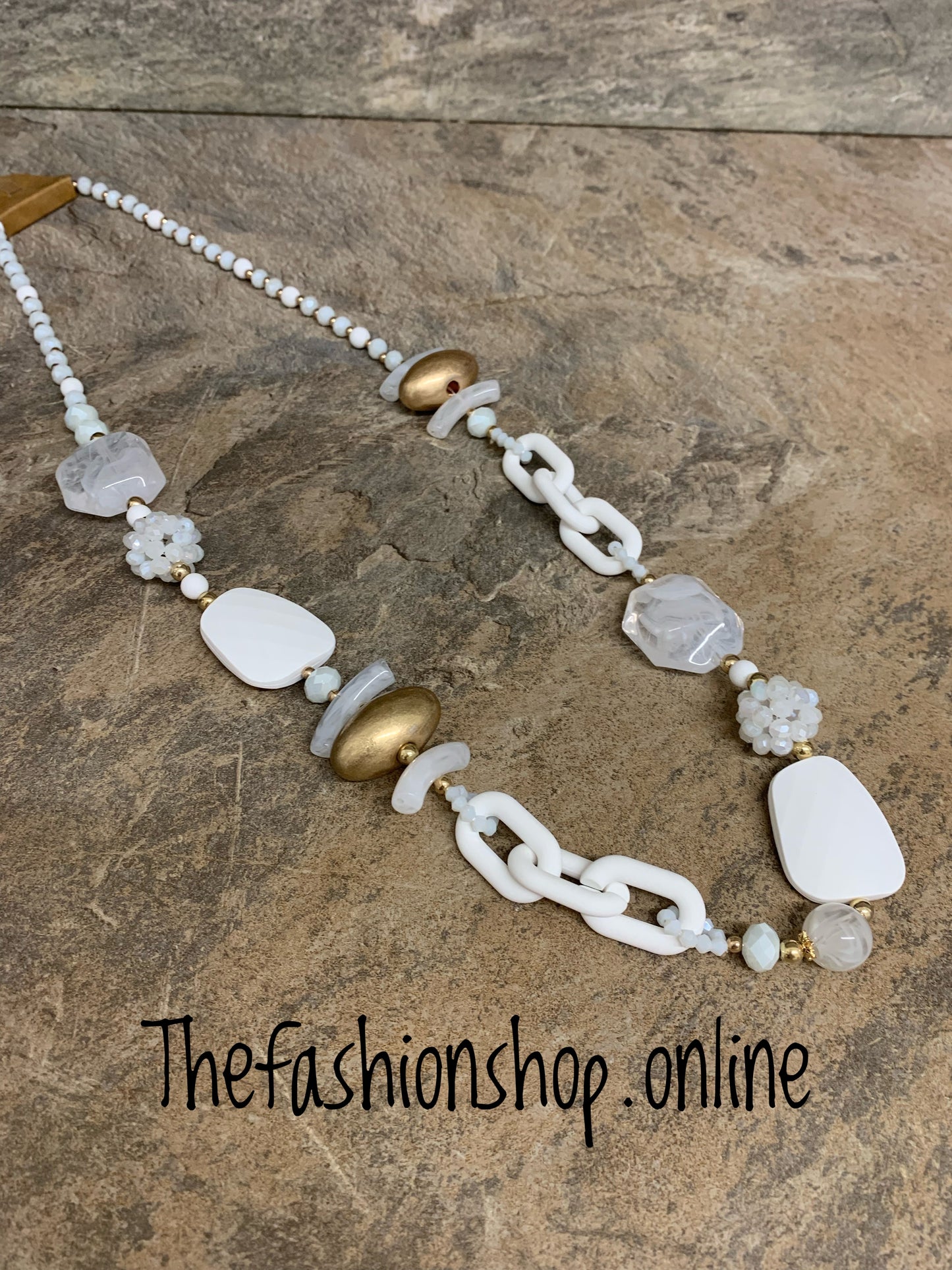 White and gold sparkle long necklace