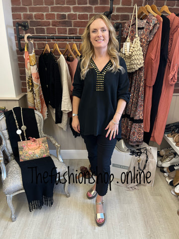 Zoe black linen mix studded top 12-20