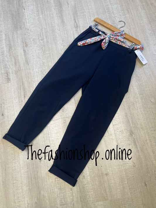 Navy classic magic trousers with floral belt 10-16 and 18-22