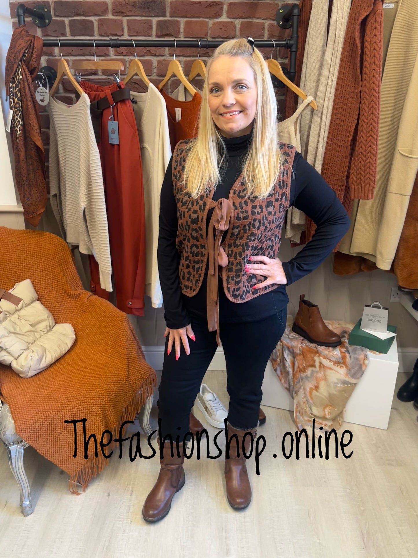 Rust leopard print tie front waistcoat 8-12