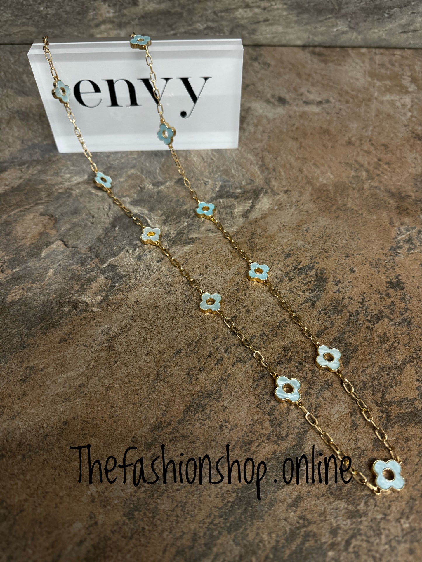 Envy long gold and pearl green clover necklace