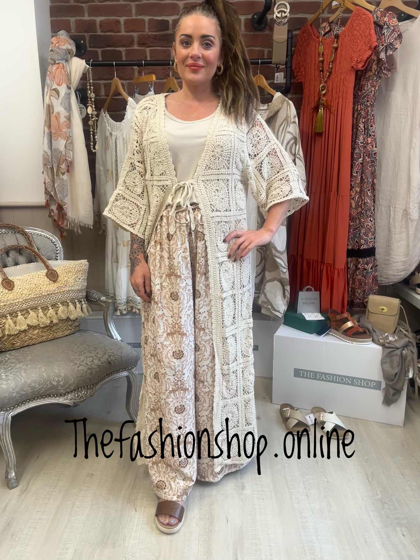 Beige open knit longline jacket  10-12, 14-16