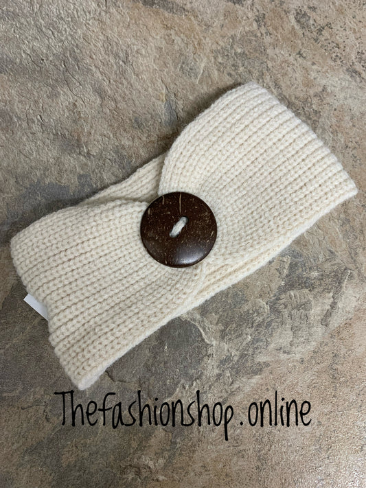 Beige button knitted headband