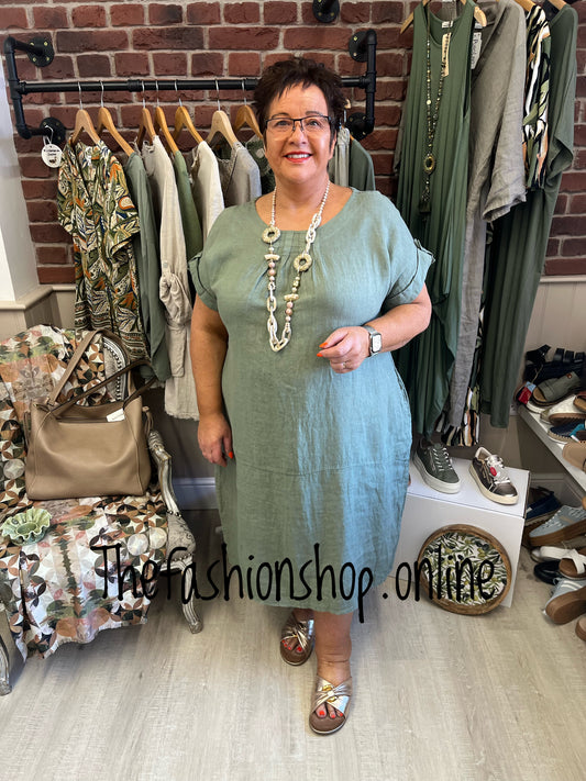 Louisa khaki linen dress 14-20