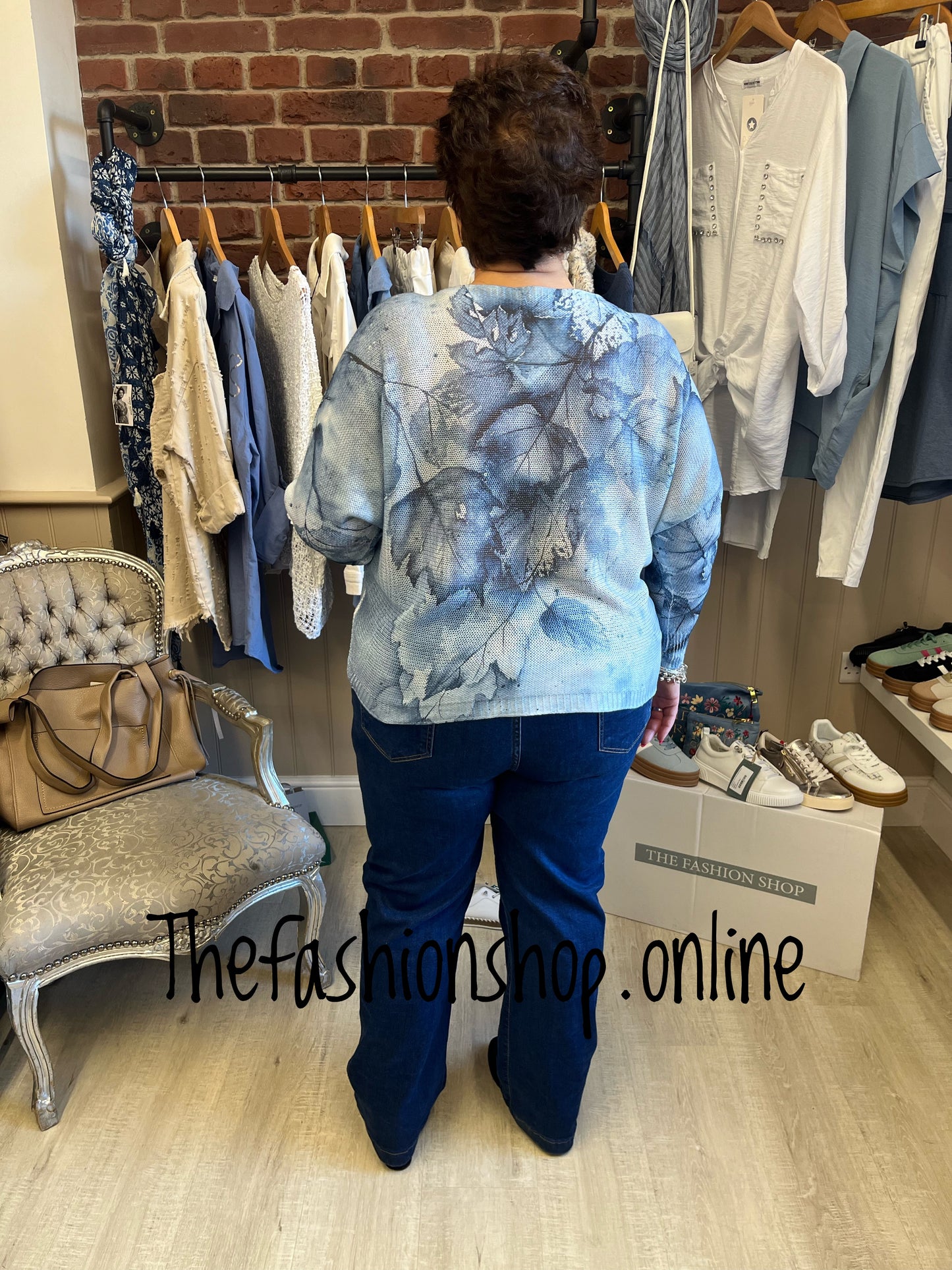 Helena blue leaves fine knit jumper 8-18