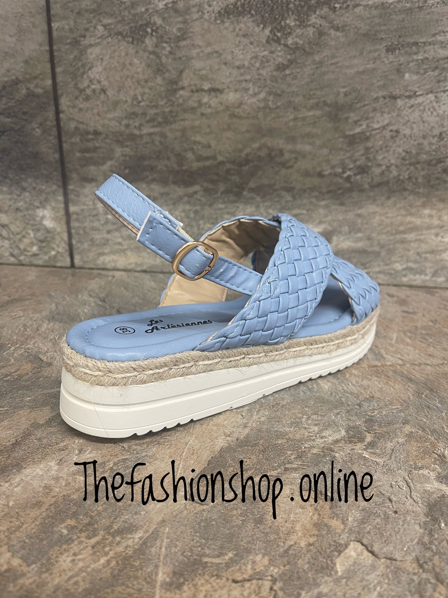 Light blue criss cross woven sandals sizes 3.5-7