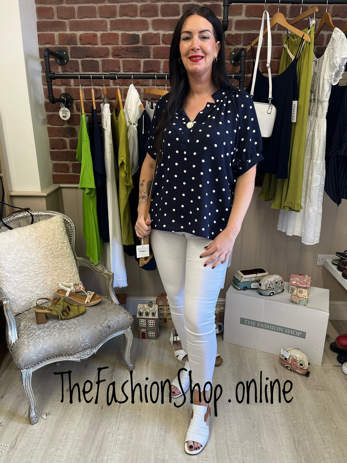 Natalie navy and white spot button blouse 12-16