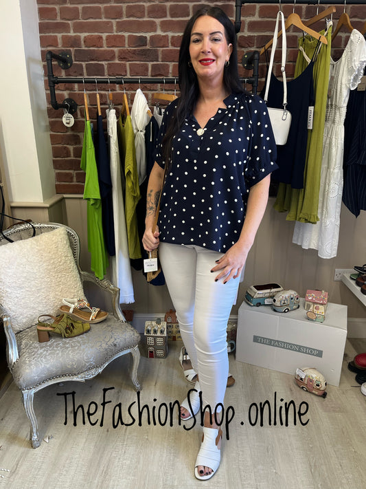 Natalie navy and white spot button blouse 12-16