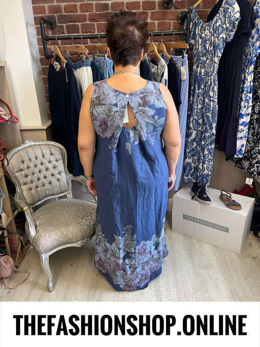 Neve navy linen floral dress 12-18