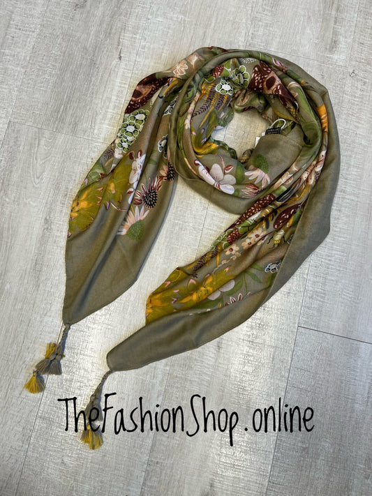 Green and orange wildflower tassel scarf