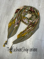 Green and orange wildflower tassel scarf